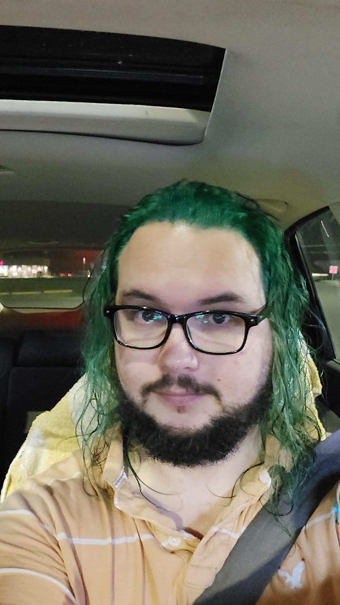 A man with long green hair sits in a car